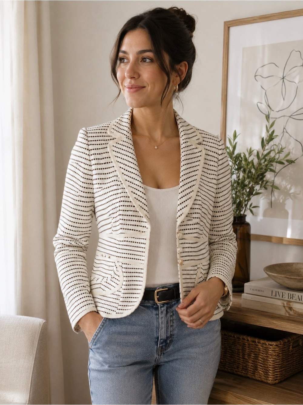 Nanette Lepore Cream and Brown Fitted Blazer Size 2